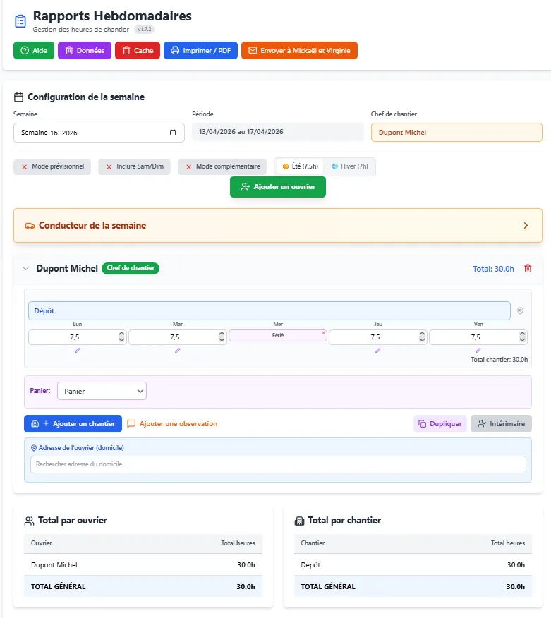 Interface mobile de l'application Rapports Hebdomadaires